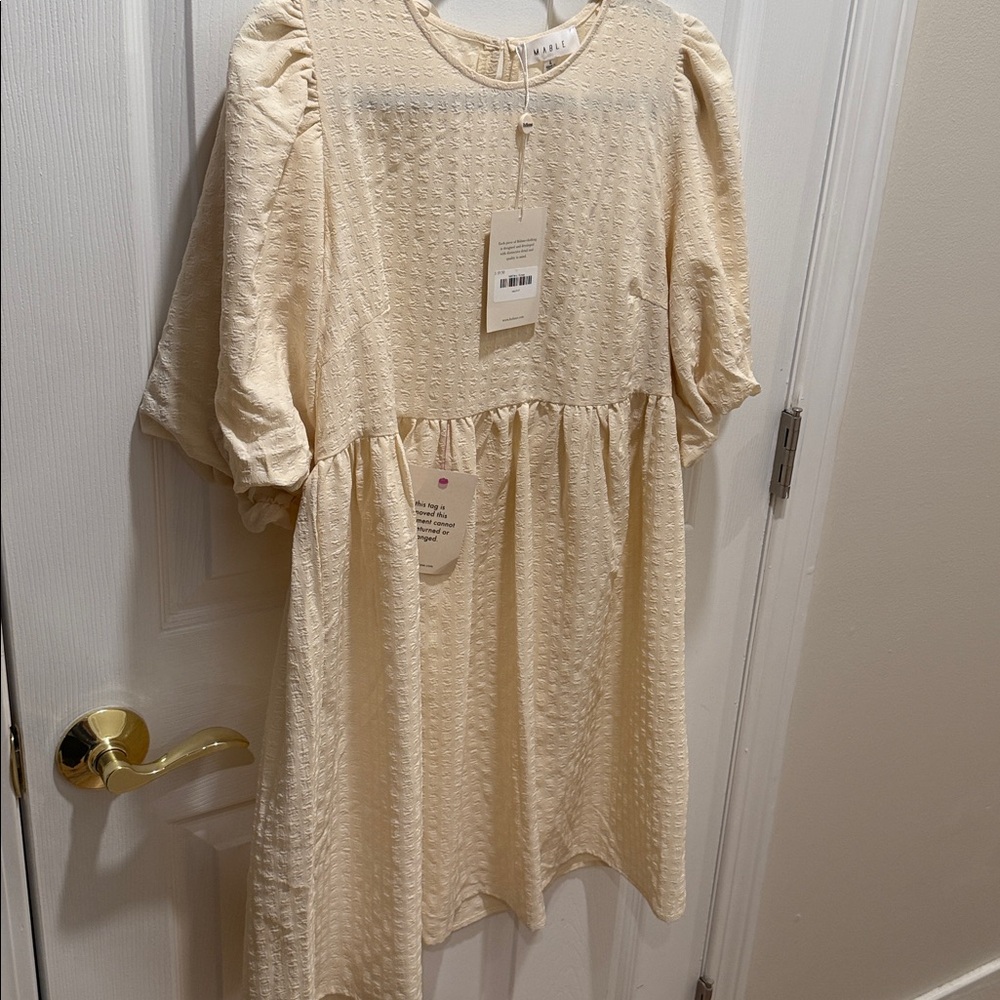Bohme Cream Midi Dress LARGE with Puff Short Sleeve
